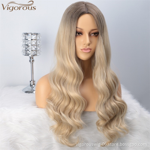 Top selling Curly wave afro high quality fiber blonde brown long hair wigs lace front ombre synthetic hair wigs